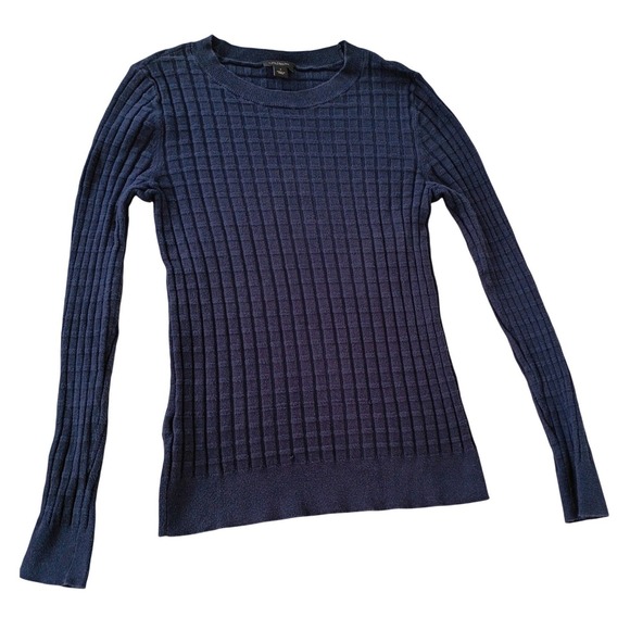 Ann Taylor Cotton Wool Sweater Navy Textured Crew Neck Quiet Luxury S